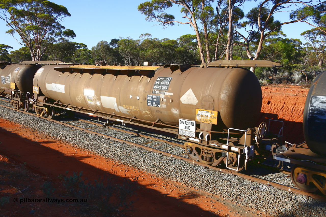 190109 1697
Binduli, empty fuel train 4445, APTF type fuel tanker ATPF 582, Shell Fleet No. 694, built by WAGR Midland Workshops in 1976 for Shell. Converted to narrow gauge 1986 and recoded JPC. Capacity now 80,500 litres. Under Viva Energy ownership.
Keywords: ATPF-type;ATPF582;WAGR-Midland-WS;WJP-type;JPC-type;