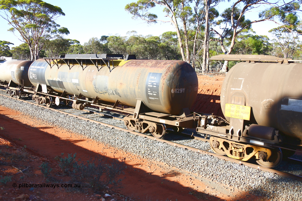 190109 1701
Binduli, empty fuel train 4445, NTAY type tank waggon NTAY 6129, built by Industrial Engineering Qld in 1976 as an SCA type SCA 280 for Shell. Recoded to NTAF 280, then 6129, capacity of 61,300 litres. Under Viva Energy ownership.
Keywords: NTAY-type;NTAY6129;Indeng-Qld;SCA-type;SCA280;NTAF-type;