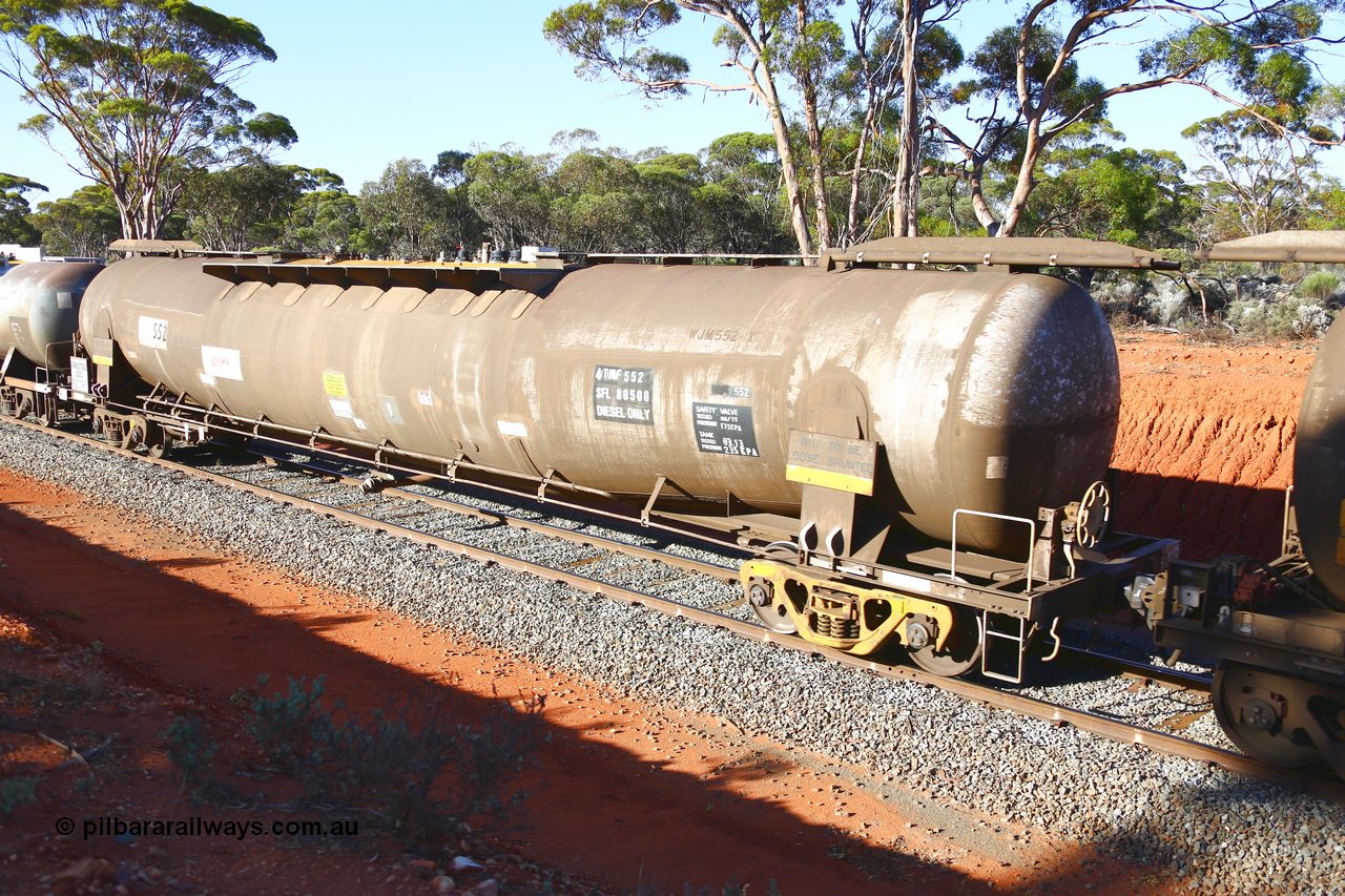 190109 1704
Binduli, empty fuel train 4445, ATMF 552 fuel tank waggon, one of three built by Tulloch Limited NSW as WJM type in 1971 with a capacity of 96.25 kL one compartment one dome, current capacity of 80500 litres. 551 and 552 for Shell and 553 for BP Oil, E type couplers fitted. Under Viva Energy ownership.
Keywords: ATMF-type;ATMF552;Tulloch-Ltd-NSW;WJM-type;