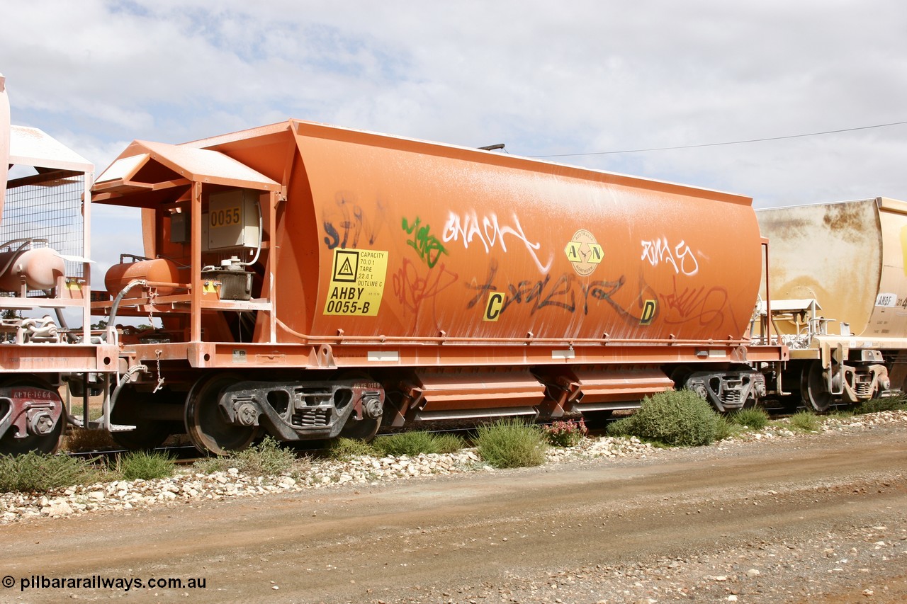 051101 6414
Parkeston, AHBY 0055 one of sixty five AHBY type ballast hoppers built by EDI Rail at their Port Augusta Workshops for ARG in 2001-02 for the Darwin line, also the FMG construction in 2008, here in limestone quarry products service.
Keywords: AHBY-type;AHBY0055;EDI-Rail-Port-Augusta-WS;