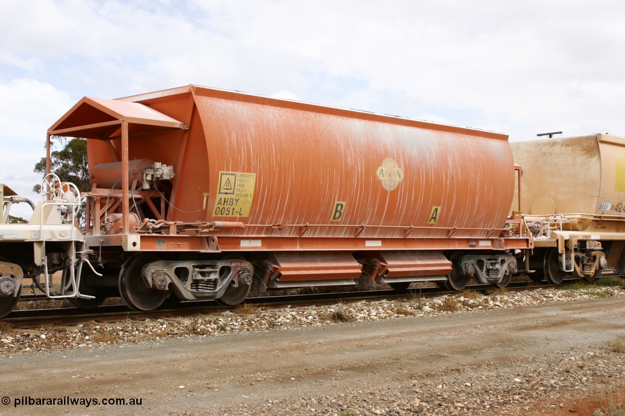 051101 6422
Parkeston, AHBY 0051 one of sixty five AHBY type ballast hoppers built by EDI Rail at their Port Augusta Workshops for ARG in 2001-02 for the Darwin line, also the FMG construction in 2008, here in limestone quarry products service.
Keywords: AHBY-type;AHBY0051;EDI-Rail-Port-Augusta-WS;