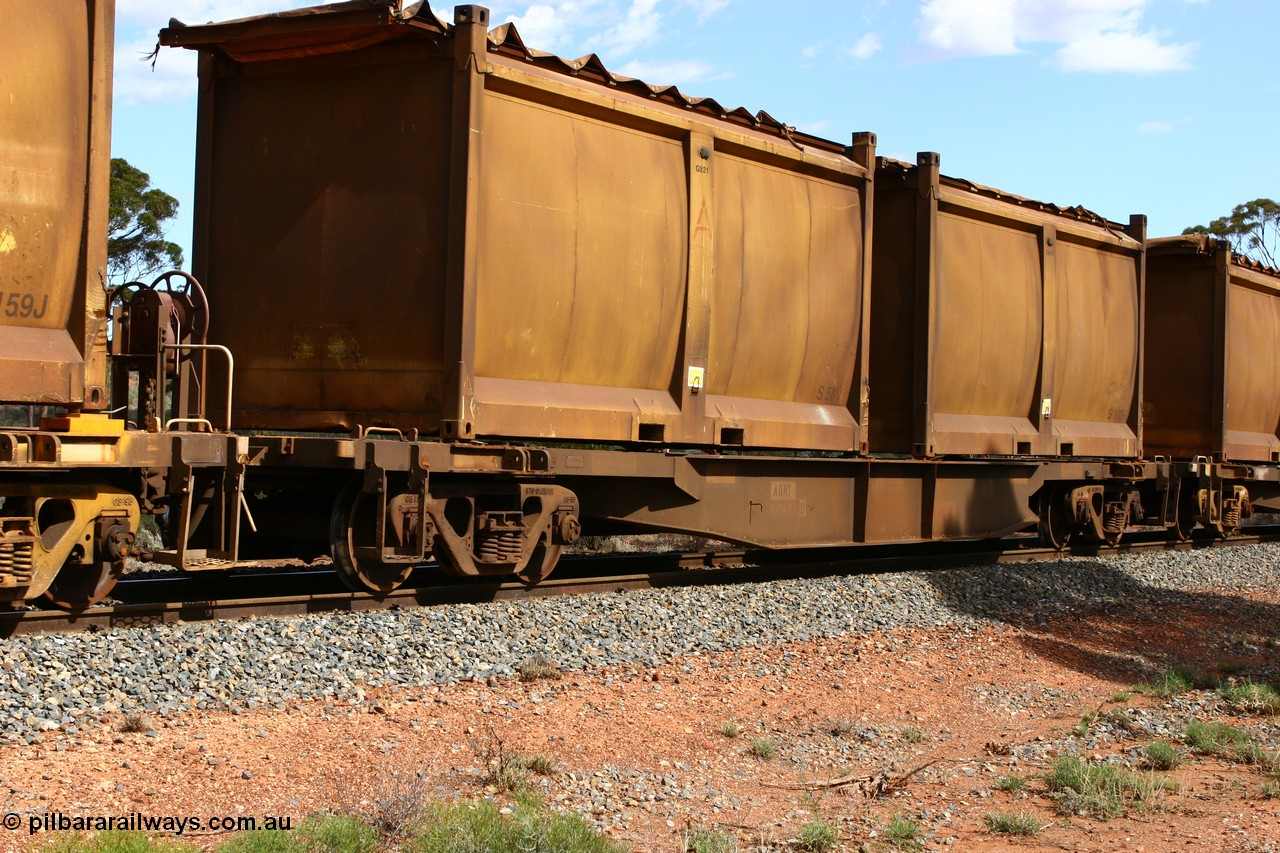 060117 2713
Bardoc, AQNY 32179, one of sixty two waggons built by Goninan WA in 1998 as WQN type for Murrin Murrin container traffic, with sulphur skips S56 and S173 both with original style sliding tarpaulins, train 2029 loaded Malcolm freighter.
Keywords: AQNY-type;AQNY32179;Goninan-WA;WQN-type;