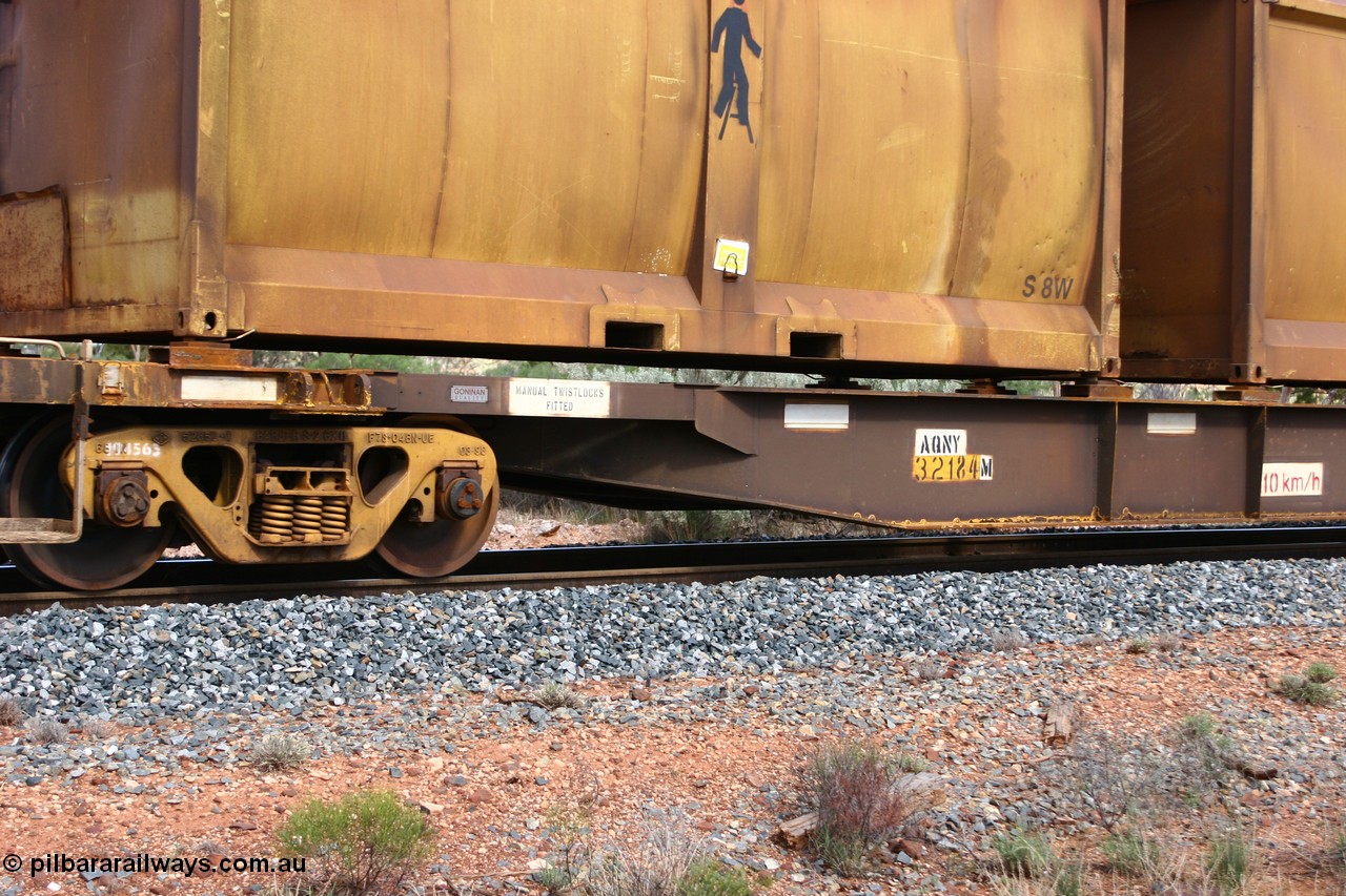 060117 2714
Bardoc, AQNY 32184, one of sixty two waggons built by Goninan WA in 1998 as WQN type for Murrin Murrin container traffic, view of number board and bogie, sulphur skip S8W, train 2029 loaded Malcolm freighter.
Keywords: AQNY-type;AQNY32184;Goninan-WA;WQN-type;