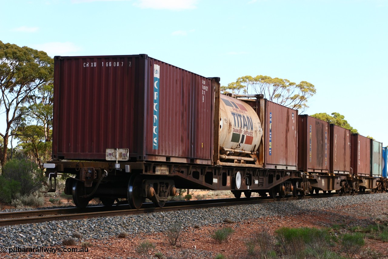 060117 2719
Bardoc, AQCY 30230 container waggon, originally built by WAGR Midland Workshops in 1974 as WFX type, recoded to WQCX in 1980, with three 20' containers, Royal Wolf box, a Titan tanktainer and a Cronos box.
Keywords: AQCY-type;AQCY30230;WAGR-Midland-WS;WFX-type;WQCX-type;