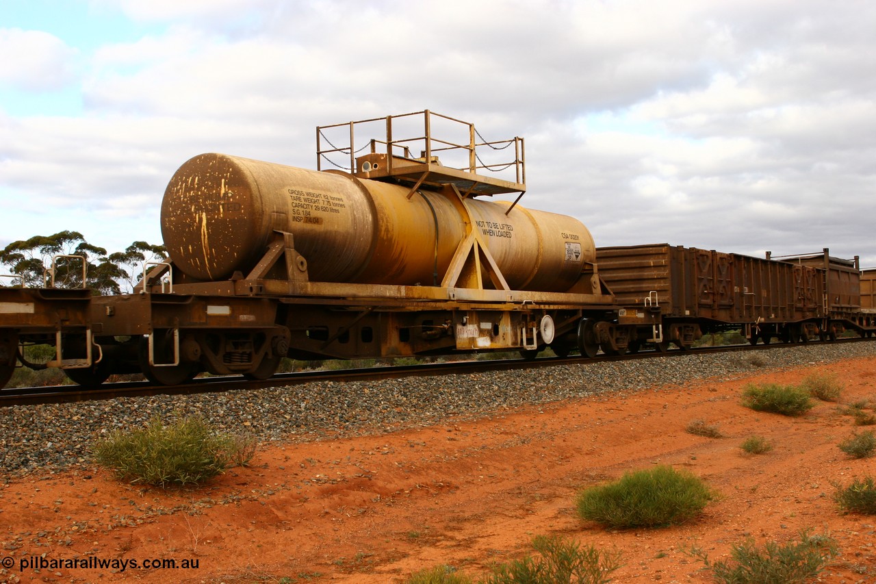 060527 4094
Scotia, AQHY 30054 with sulphuric acid tank CSA 0020, originally built by the WAGR Midland Workshops in 1964/66 as a WF type flat waggon, then in 1997, following several recodes and modifications, was one of seventy five waggons converted to the WQH type to carry CSA sulphuric acid tanks between Hampton/Kalgoorlie and Perth/Kwinana.
Keywords: AQHY-type;AQHY30054;WAGR-Midland-WS;WF-type;WFM-type;WFDY-type;WFDF-type;RFDF-type;WQH-type;
