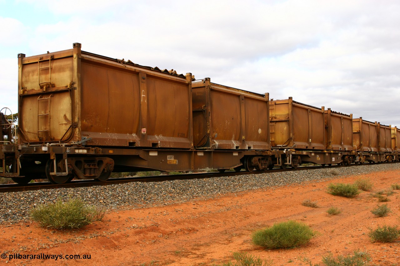 060527 4107
Scotia, AQNY 32193, one of sixty two waggons built by Goninan WA in 1998 as WQN type for Murrin Murrin container traffic, with sulphur skips S22H with original style door and sliding tarpaulin, and S21V with original door and modified top, train 6029 loaded Malcolm freighter.
Keywords: AQNY-type;AQNY32193;Goninan-WA;WQN-type;