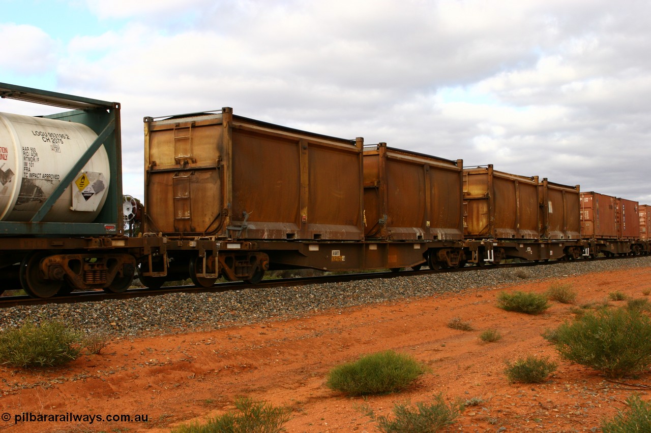 060527 4112
Scotia, AQNY 32167, one of sixty two waggons built by Goninan WA in 1998 as WQN type for Murrin Murrin container traffic, with sulphur skips S25L and S156F with original doors and modified tops with tarpaulins, train 6029 loaded Malcolm freighter.
Keywords: AQNY-type;AQNY32167;Goninan-WA;WQN-type;