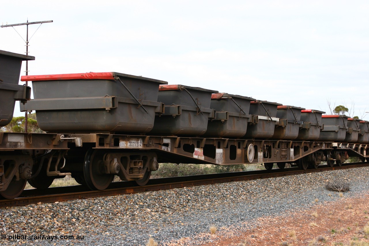 060527 4130
Scotia, AQCY 30219 flat waggon, one of forty five waggons built by WAGR Midland Workshops in 1974 as WFX type, recoded in 1979 to WQCX. Here carrying six loaded nickel ore kibbles.
Keywords: AQCY-type;AQCY30219;WAGR-Midland-WS;WFX-type;WQCX-type;