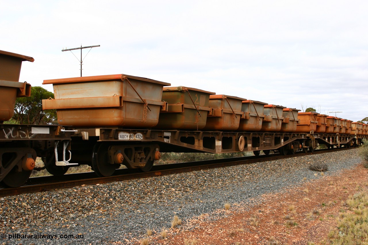 060527 4137
Scotia, AQCY 30432 flat waggon, originally built by Tomlinson Steel WA as WFX type in 1970 from a batch of one hundred and sixty one waggons, recoded to WQCX type in 1979. Seen here carrying six loaded nickel ore kibbles.
Keywords: AQCY-type;AQCY30432;Tomlinson-Steel-WA;WFX-type;WQCX-type;