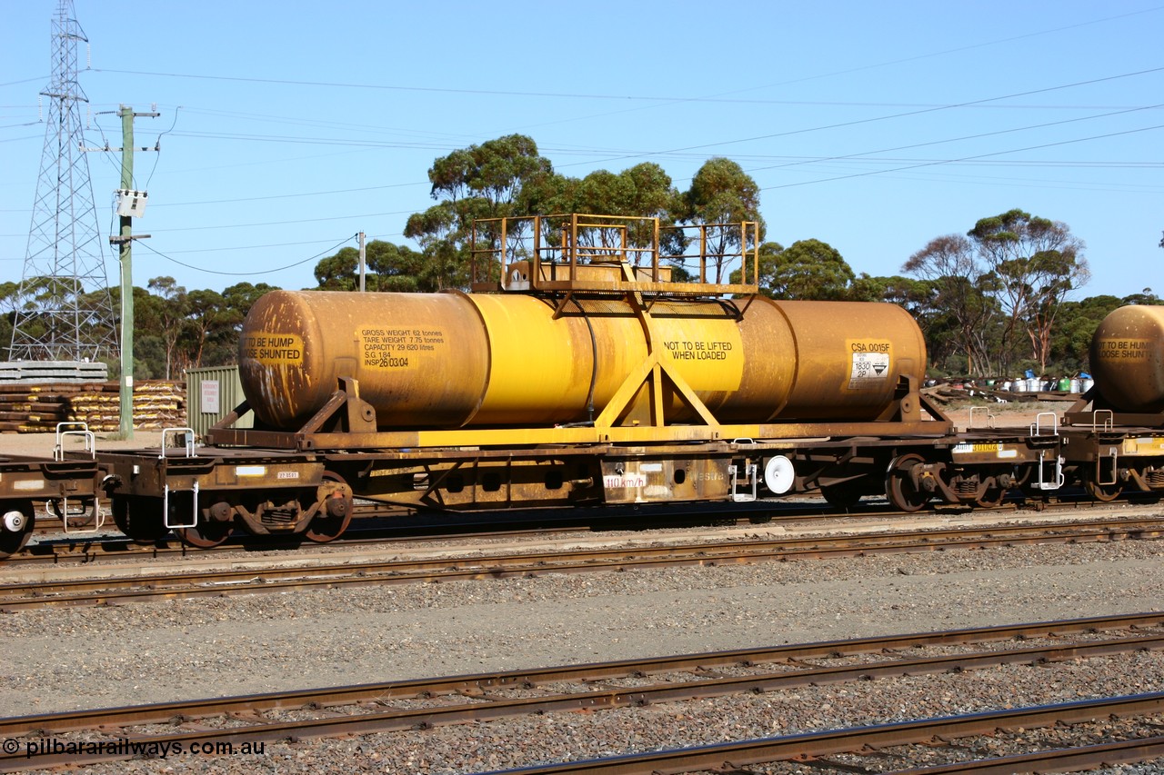 060528 4413
West Kalgoorlie, AQHY 30004 with sulphuric acid tank CSA 0015, originally built by the WAGR Midland Workshops in 1964/66 as a WF type flat waggon, then in 1997, following several recodes and modifications, was the lowest of seventy five waggons converted to the WQH type to carry CSA sulphuric acid tanks between Hampton/Kalgoorlie and Perth/Kwinana.
Keywords: AQHY-type;AQHY30004;WAGR-Midland-WS;WF-type;WFDY-type;WFDF-type;RFDF-type;WQH-type;