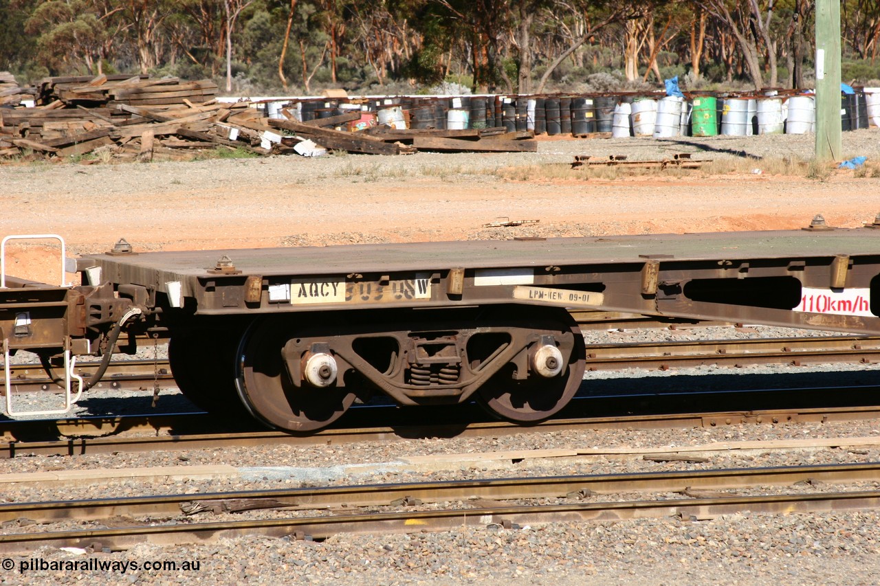 060528 4421
West Kalgoorlie, AQCY 30308 here in barrier waggon service on an acid consist, originally built by Tomlinson Steel in 1970 as one of 161 units built as WFX type container waggon. Re-coded to WQCX in 1980 then WQTY in 1996.
Keywords: AQCY-type;AQCY30308;Tomlinson-Steel-WA;WFX-type;WQCX-type;WQTY