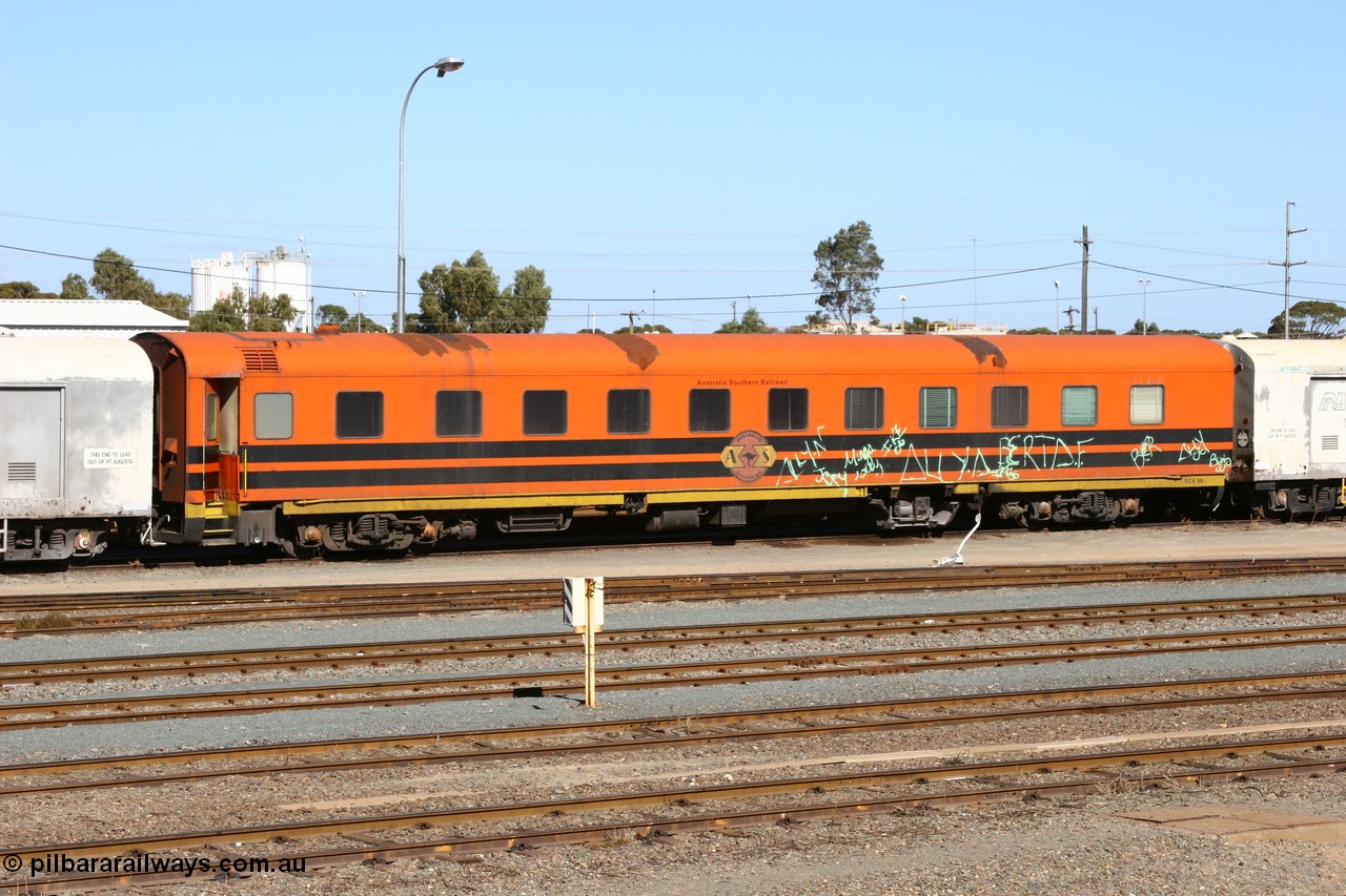 060528 4442
West Kalgoorlie, ECA 98 a former Commonwealth Railways ARF type first class air conditioned sleeper with rounded observation end built by Wegmann and delivered in 1956, converted to BB type with observation end removed in August 1972, converted to crew car in 1991.
Keywords: ECA-type;ECA98;Wegmann-&-Co-West-Germany;ARF-type;ARF98;BB-type;BB98;