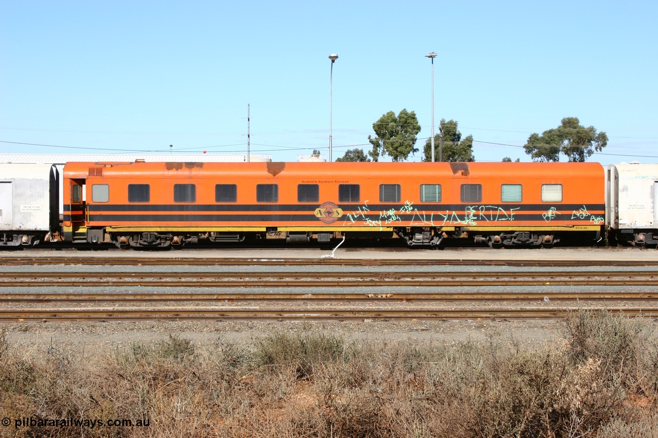 060528 4452
West Kalgoorlie, ECA 98 a former Commonwealth Railways ARF type first class air conditioned sleeper with rounded observation end built by Wegmann and delivered in 1956, converted to BB type with observation end removed in August 1972, converted to crew car in 1991.
Keywords: ECA-type;ECA98;Wegmann-&-Co-West-Germany;ARF-type;ARF98;BB-type;BB98;