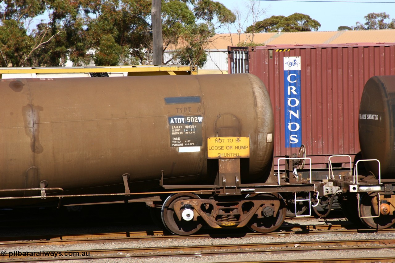 060528 4510 ATDY502W
West Kalgoorlie, ATDY 502 fuel tanker, originally built by Tulloch Ltd NSW 1969 for Mobil as WJD type, to BP in 1985, 92.87 kL capacity, handbrake end.
Keywords: ATDY-type;ATDY502;Tulloch-Ltd-NSW;WJD-type;