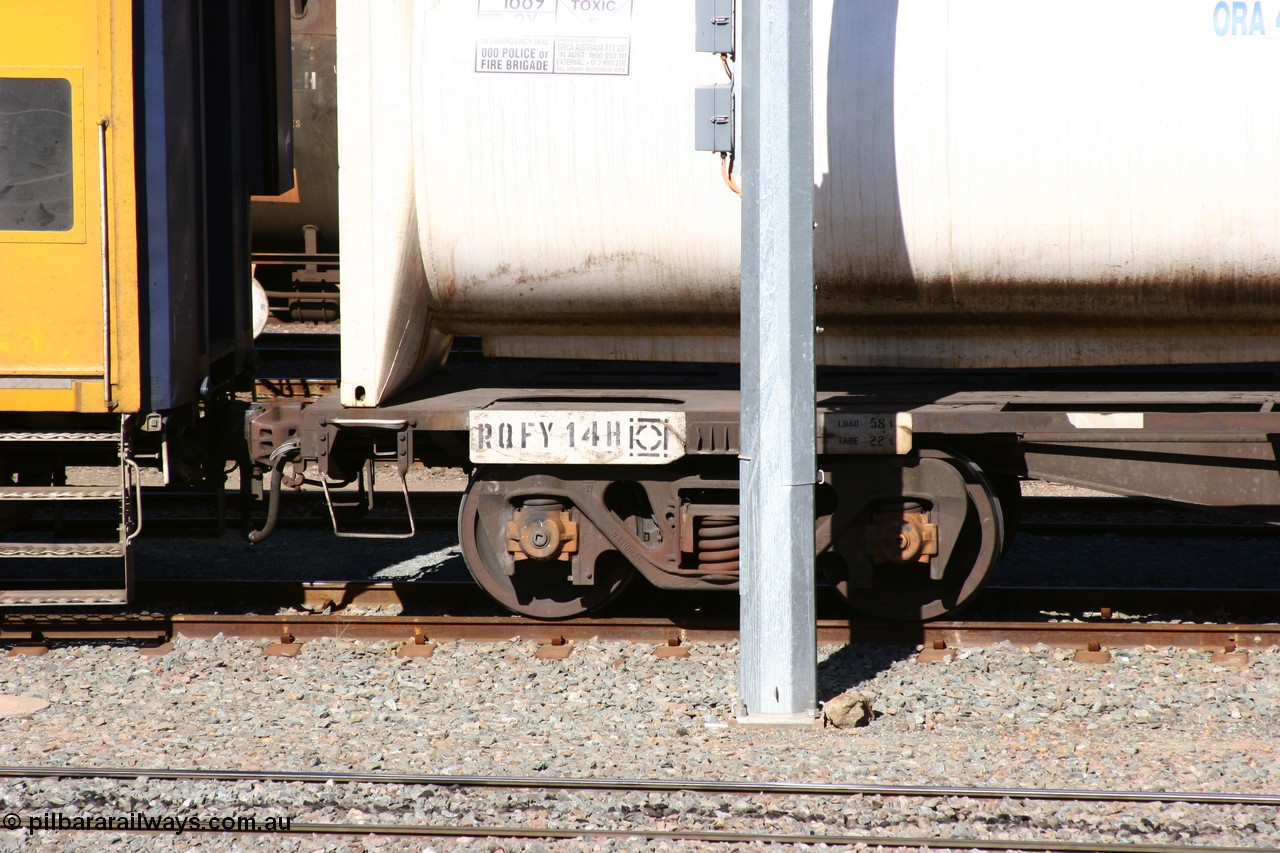 060528 4519
West Kalgoorlie, RQFY 14 number board detail, built by Victorian Railways Bendigo workshops in April 1978 in a batch of forty QMX type skeletal container waggons, in July 1980 re-coded to VQFX, in October 1994 re-coded to RQFX and 2CM bogies fitted.
Keywords: RQFY-type;RQFY14;Victorian-Railways-Bendigo-WS;QMX-type;VQFX-type;
