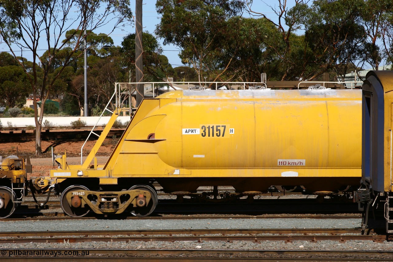 060528 4522
West Kalgoorlie, APNY 31157, one of twelve built by WAGR Midland Workshops in 1974 as WNA type pneumatic discharge nickel concentrate waggon, WAGR built and owned copies of the AE Goodwin built WN waggons for WMC. 
Keywords: APNY-type;APNY31157;WAGR-Midland-WS;WNA-type;