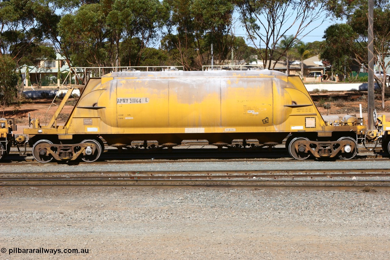 060528 4523
West Kalgoorlie, APNY 31164, one of four built by Westrail Midland Workshops in 1978 as WNA type pneumatic discharge nickel concentrate waggon, WAGR built and owned copies of the AE Goodwin built WN waggons for WMC.
Keywords: APNY-type;APNY31164;Westrail-Midland-WS;WNA-type;