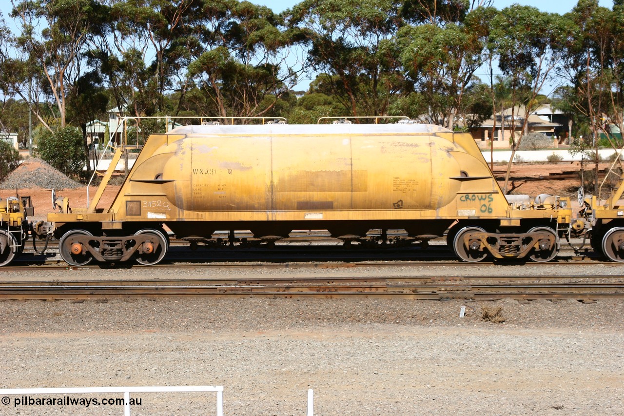 060528 4524
West Kalgoorlie, WNA 31152, one of twelve built by WAGR Midland Workshops in 1974 as WNA type pneumatic discharge nickel concentrate waggon, WAGR built and owned copies of the AE Goodwin built WN waggons for WMC. 
Keywords: WNA-type;WNA31152;WAGR-Midland-WS;