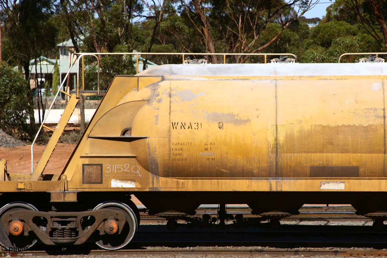 060528 4525
West Kalgoorlie, WNA 31152, one of twelve built by WAGR Midland Workshops in 1974 as WNA type pneumatic discharge nickel concentrate waggon, WAGR built and owned copies of the AE Goodwin built WN waggons for WMC. 
Keywords: WNA-type;WNA31152;WAGR-Midland-WS;