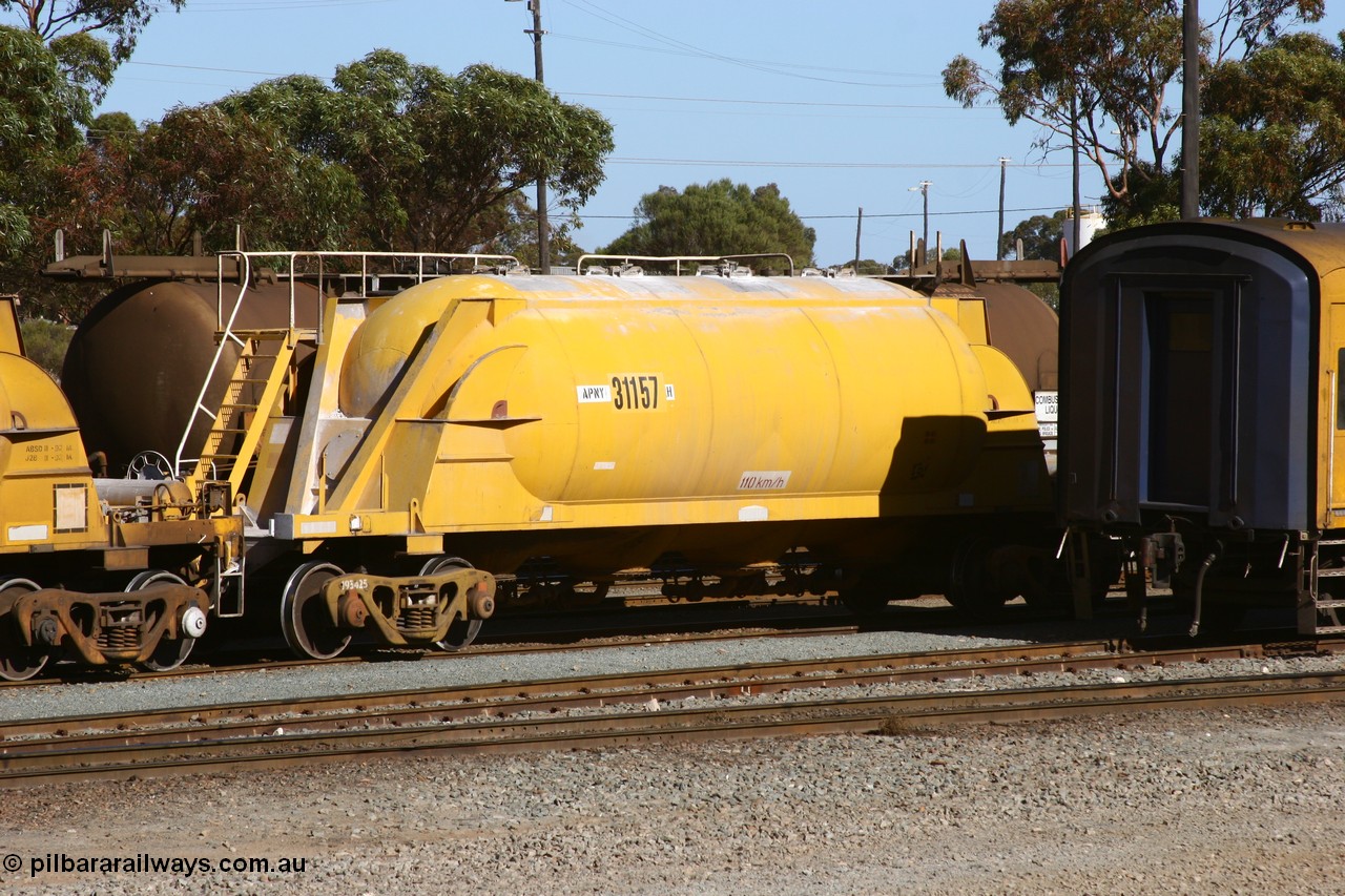 060528 4528
West Kalgoorlie, APNY 31157, one of twelve built by WAGR Midland Workshops in 1974 as WNA type pneumatic discharge nickel concentrate waggon, WAGR built and owned copies of the AE Goodwin built WN waggons for WMC. 
Keywords: APNY-type;APNY31157;WAGR-Midland-WS;WNA-type;