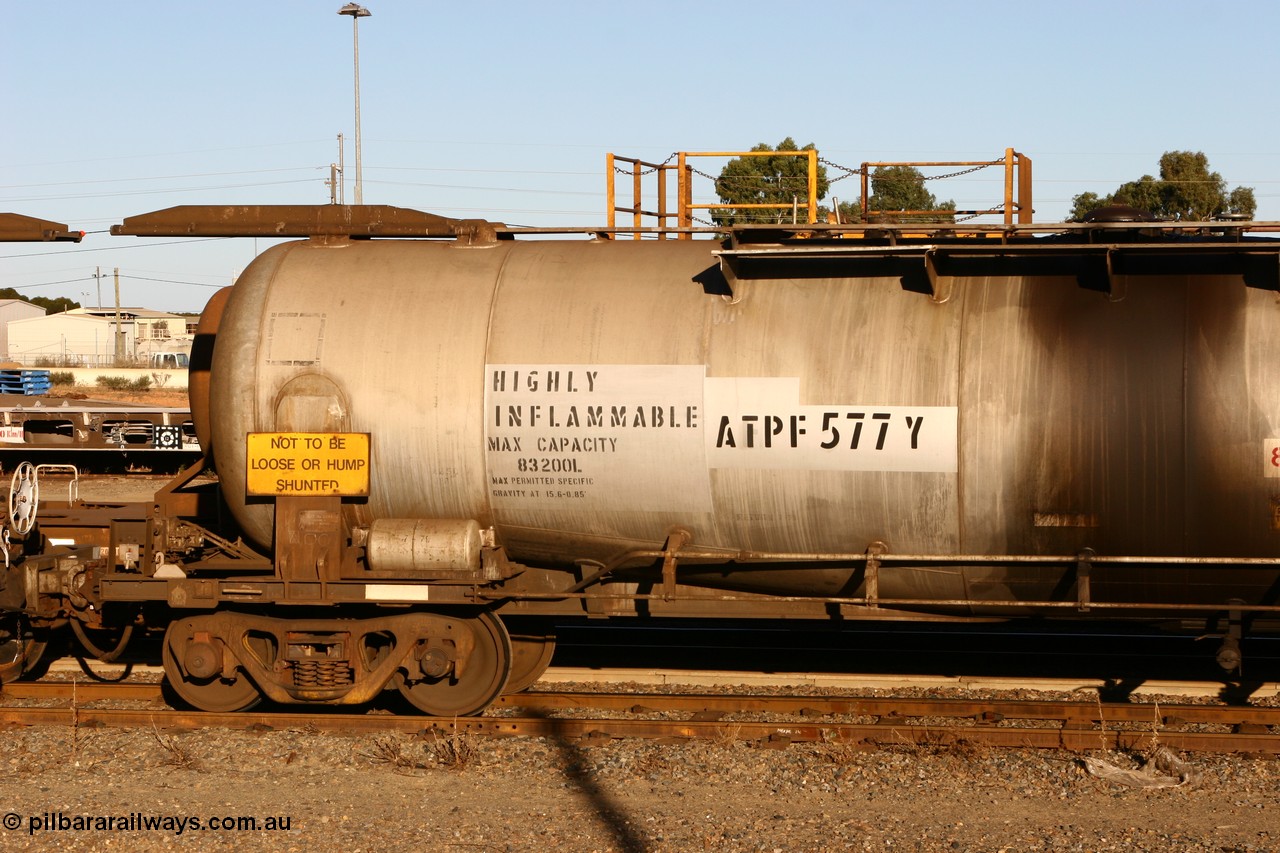 060528 4643 ATPF577Y
West Kalgoorlie, ATPF 577 fuel tank waggon built by WAGR Midland Workshops 1974 for Shell as type WJP, 80.66 kL one compartment one dome, capacity of 80500 litres, fitted with type F InterLock couplers Shell Fleet no. TR712.
Keywords: ATPF-type;ATPF577;WAGR-Midland-WS;WJP-type;