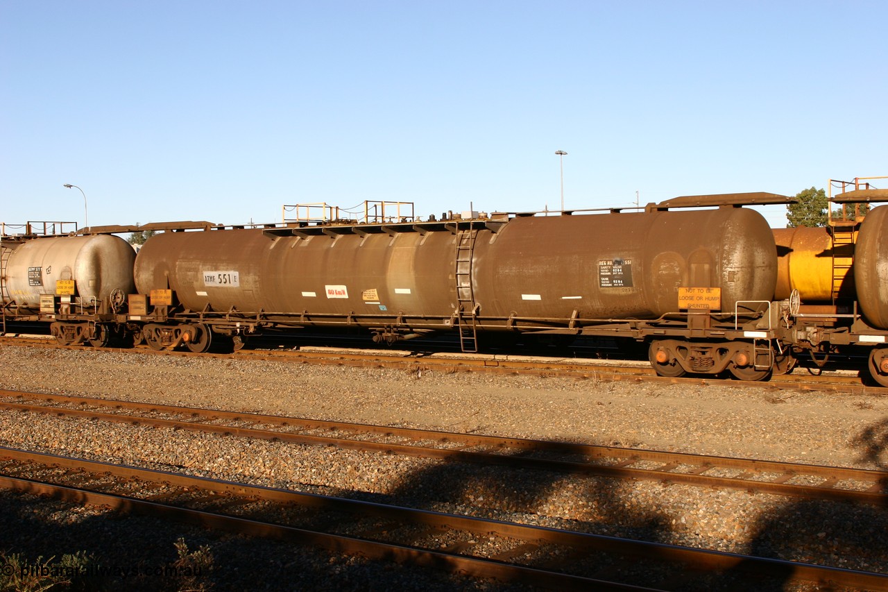 060528 4645 ATMF551E
West Kalgoorlie, ATMF 551 fuel tank waggon, one of three built by Tulloch Limited NSW as WJM type in 1971 with a capacity of 96,250 litres, one compartment, one dome, current capacity of 80,500 litres, fitted with type F InterLock couplers. WJM's 551 and 552 built for Shell and 553 built for BP Oil.
Keywords: ATMF-type;ATMF551;Tulloch-Ltd-NSW;WJM-type;