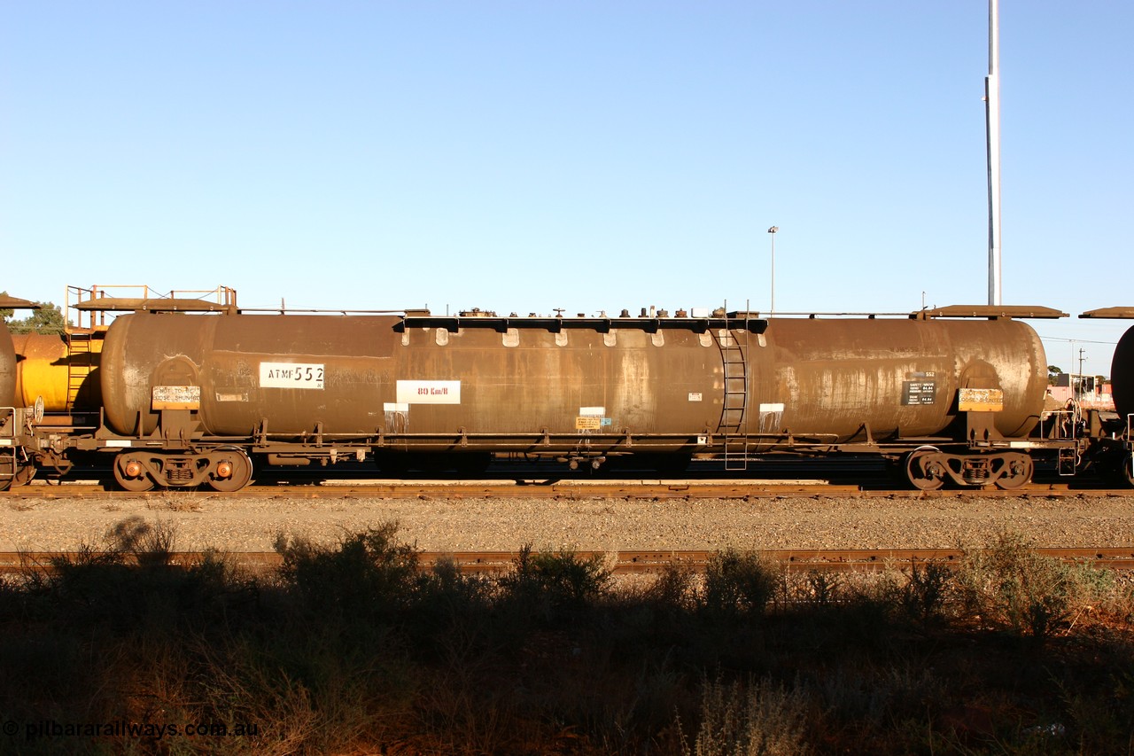 060528 4646 ATMF552N
West Kalgoorlie, ATMF 552 fuel tank waggon, one of three built by Tulloch Limited NSW as WJM type in 1971 with a capacity of 96,250 litres, one compartment, one dome, current capacity of 80,500 litres, fitted with type F InterLock couplers. WJM's 551 and 552 built for Shell and 553 built for BP Oil.
Keywords: ATMF-type;ATMF552;Tulloch-Ltd-NSW;WJM-type;