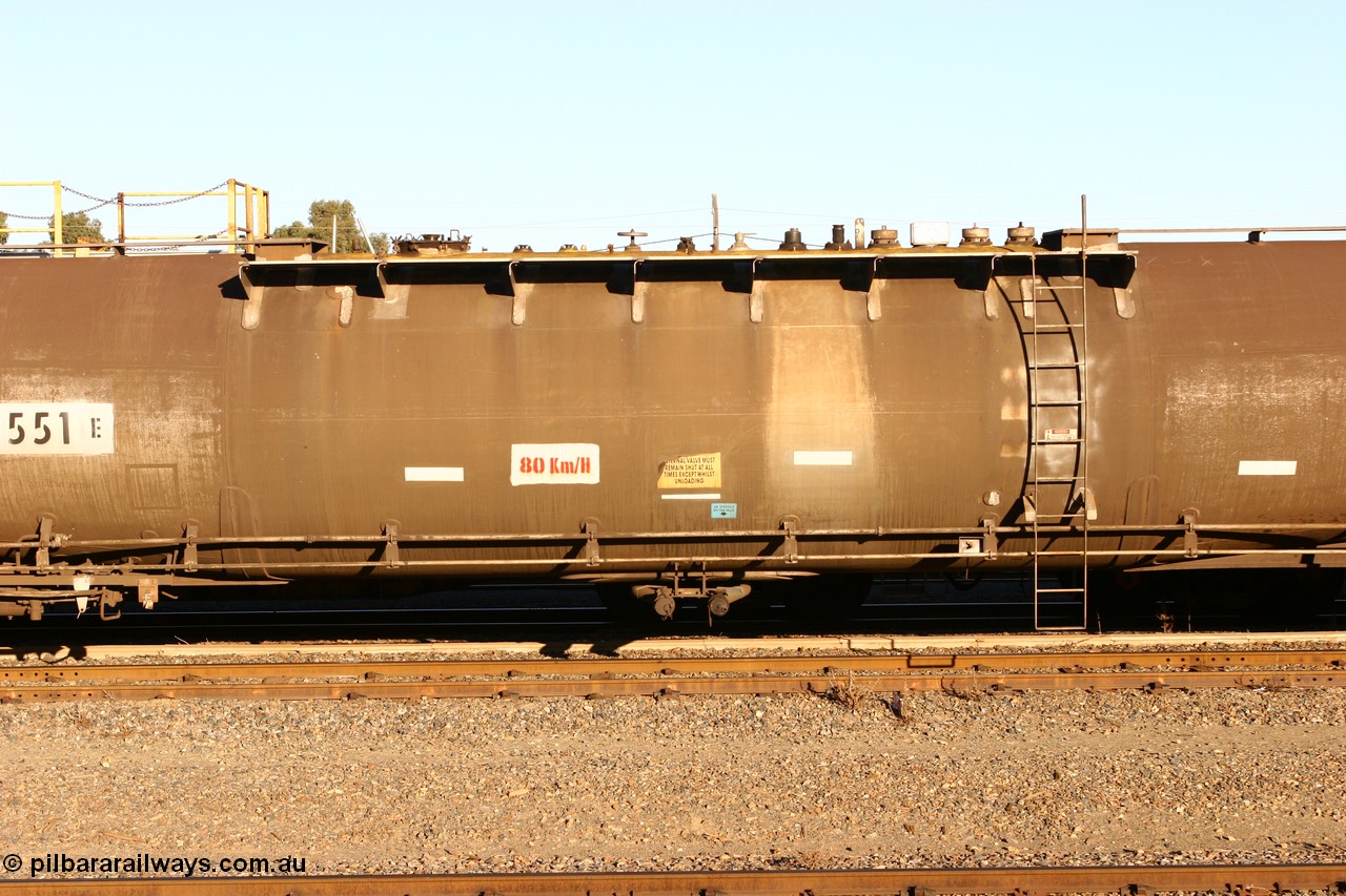 060528 4655
West Kalgoorlie, ATMF 551 fuel tank waggon, one of three built by Tulloch Limited NSW as WJM type in 1971 with a capacity of 96.25 kL one compartment one dome, current capacity of 80500 litres. 551 and 552 for Shell and 553 for BP Oil.
Keywords: ATMF-type;ATMF551;Tulloch-Ltd-NSW;WJM-type;