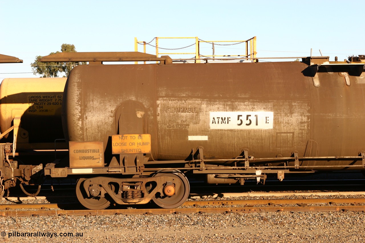 060528 4656
West Kalgoorlie, ATMF 551 fuel tank waggon, one of three built by Tulloch Limited NSW as WJM type in 1971 with a capacity of 96,250 litres, one compartment, one dome, current capacity of 80,500 litres, fitted with type F InterLock couplers. WJM's 551 and 552 built for Shell and 553 built for BP Oil.
Keywords: ATMF-type;ATMF551;Tulloch-Ltd-NSW;WJM-type;