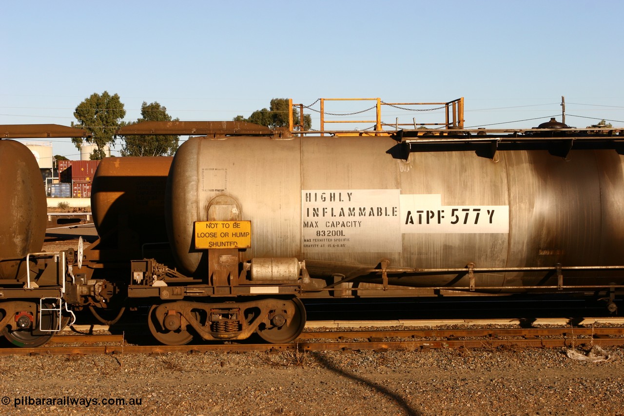 060528 4658
West Kalgoorlie, ATPF 577 fuel tank waggon built by WAGR Midland Workshops 1974 for Shell as type WJP, 80.66 kL one compartment one dome, capacity of 80500 litres, fitted with type F InterLock couplers Shell Fleet no. TR712.
Keywords: ATPF-type;ATPF577;WAGR-Midland-WS;WJP-type;