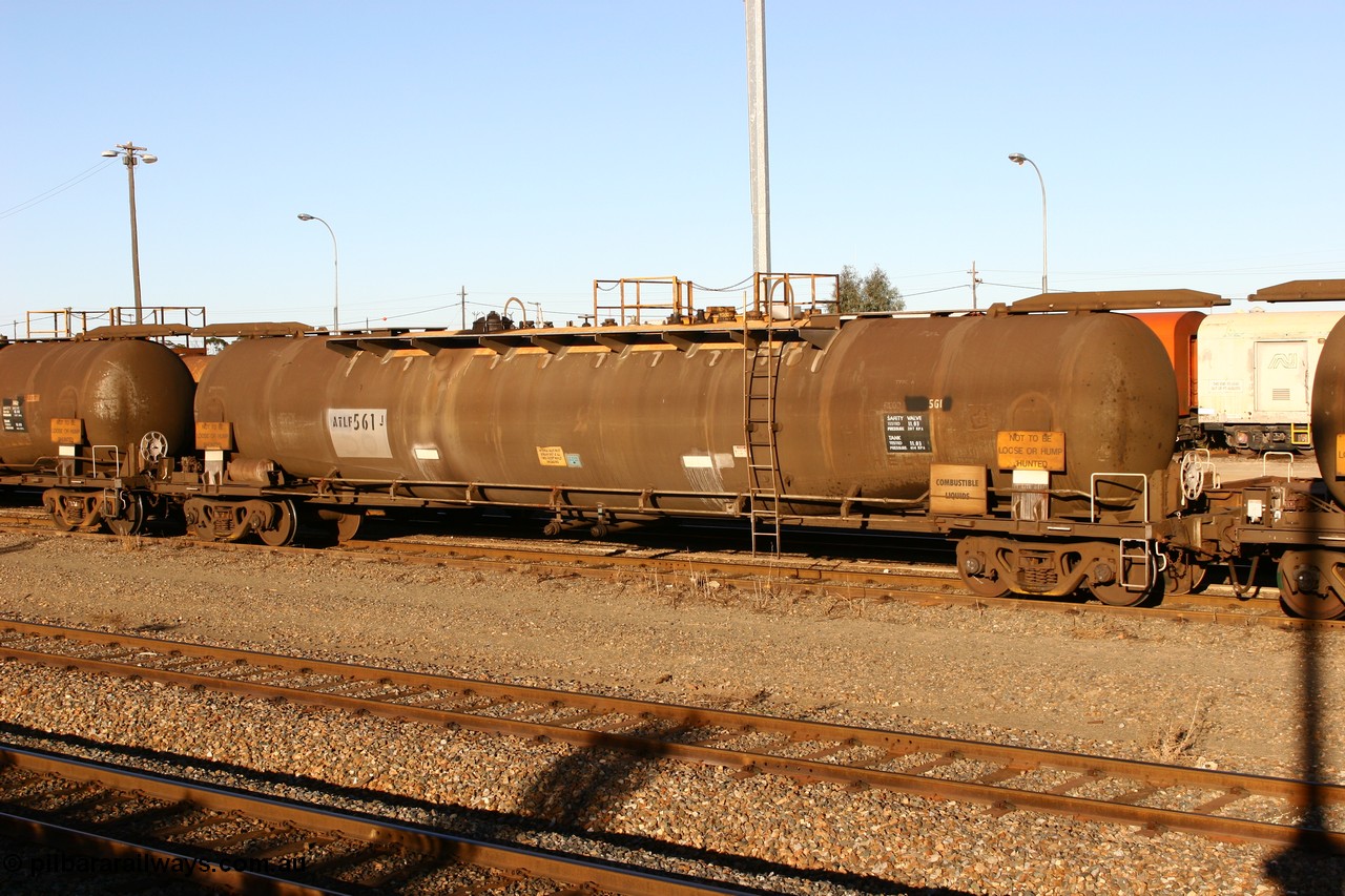 060528 4659
West Kalgoorlie, ATLF 561 fuel tank waggon, built by WAGR Midland Workshops 1973 for Shell as type WJL 86,490 litres, one compartment one dome with a safe fill capacity of 80,500 litres.
Keywords: ATLF-type;ATLF561;WAGR-Midland-WS;WJL-type;