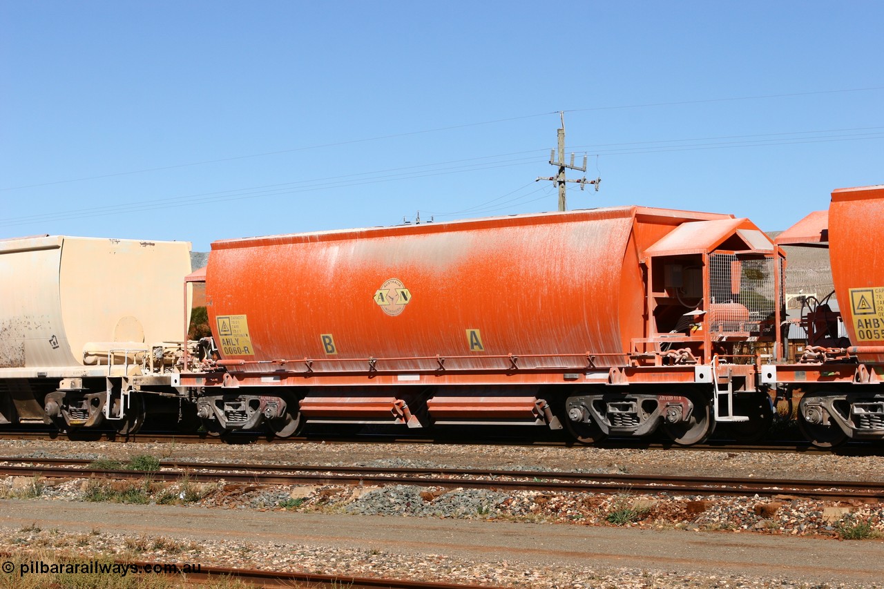 060530 4912
Parkeston, AHLY 0060 one of sixty five AHBY class ballast hoppers built by EDI Rail at their Port Augusta Workshops for ARG in 2001-02 for the Darwin line construction, now in limestone quarry products service.
Keywords: AHLY-type;AHLY0060;EDI-Rail-Port-Augusta-WS;AHBY-type;