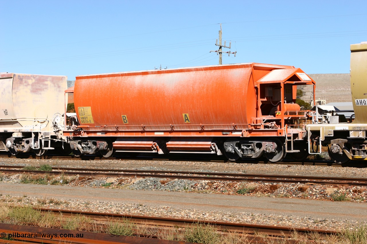 060530 4915
Parkeston, AHBY 0035 one of sixty five AHBY class ballast hoppers built by EDI Rail at their Port Augusta Workshops for ARG in 2001-02 for the Darwin line, also the FMG construction in 2008, here in limestone quarry products service.
Keywords: AHBY-type;AHBY0035;EDI-Rail-Port-Augusta-WS;