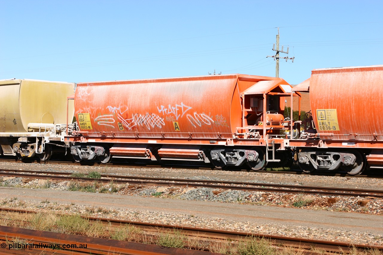 060530 4917
Parkeston, AHBY 0003 one of sixty five AHBY class ballast hoppers built by EDI Rail at their Port Augusta Workshops for ARG in 2001-02 for the Darwin line, also the FMG construction in 2008, here in limestone quarry products service.
Keywords: AHBY-type;AHBY0003;EDI-Rail-Port-Augusta-WS;