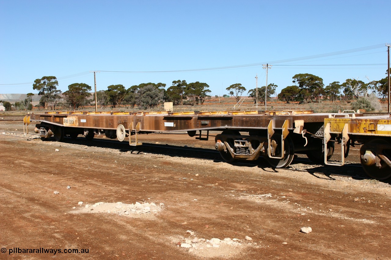 060530 4944
Parkeston, AFBF 33121 kibble flat waggon, built by WAGR Midland Workshops in 1969 in a batch of fifty eight WGX type open waggons without end doors, in 1975 to WGN for nickel traffic, back to WGX in 1976, to WOAX, then in 1987 to WOSF for steel traffic, then further cut down to for kibble traffic as seen here.
Keywords: AFBF-type;AFBF33121;WAGR-Midland-WS;WGX-type;WGN-type;WOAX-type;WOSF-type;