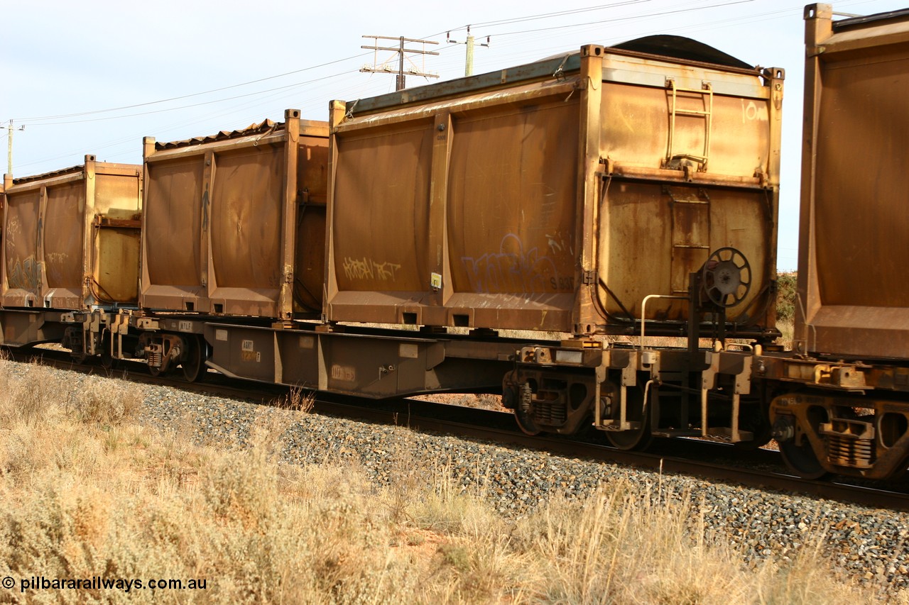 060531 4984
West Kalgoorlie, AQNY 32207 one of sixty two waggons built by Goninan WA in 1998 as WQN type for Murrin Murrin container traffic, with sulphur skips S93 and S58 with original door and two types of tarpaulins.
Keywords: AQNY-type;AQNY32207;Goninan-WA;WQN-type;