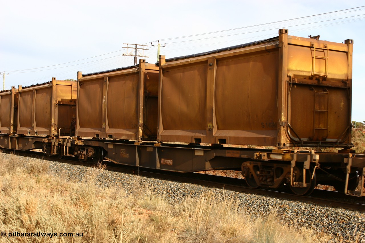 060531 4989
West Kalgoorlie, AQNY 32157 one of sixty two waggons built by Goninan WA in 1998 as WQN type for Murrin Murrin container traffic, with sulphur skips S140 and S97 with original door and sliding tarpaulins.
Keywords: AQNY-type;AQNY32157;Goninan-WA;WQN-type;