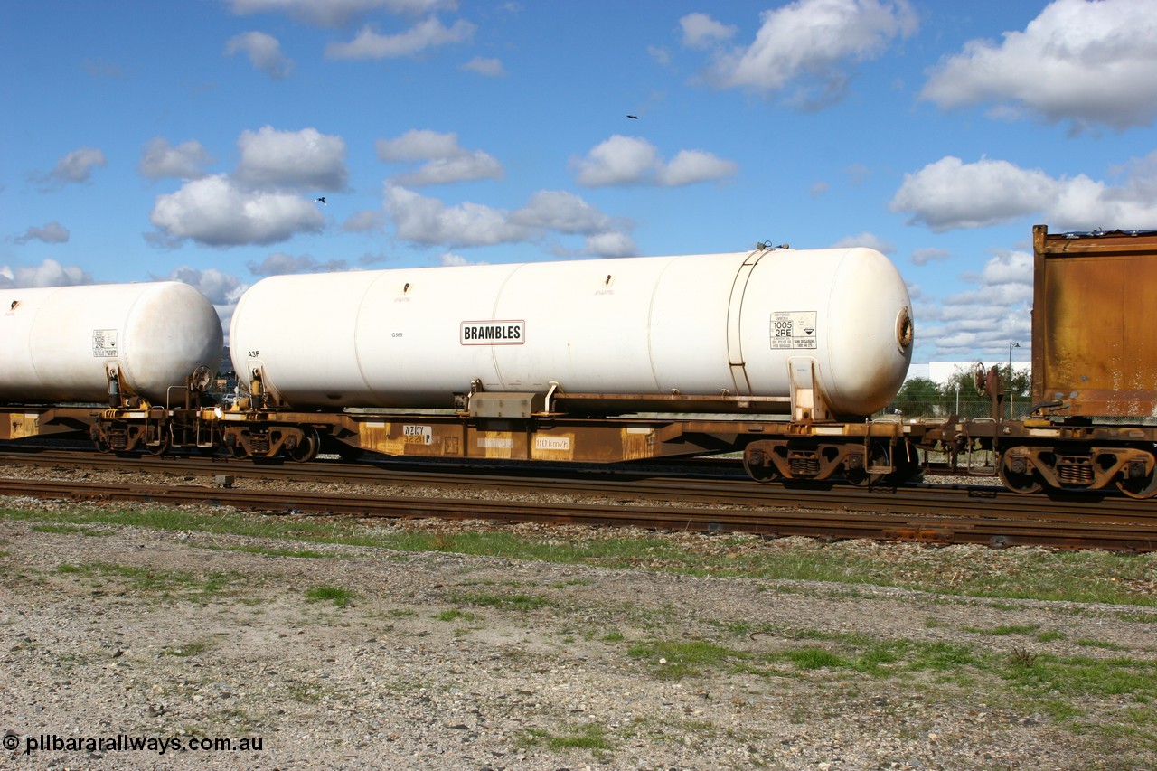 060602 5166
Midland, AZKY type anhydrous ammonia tank waggon AZKY 32241, one of twelve built by Goninan WA in 1998 as type WQK for Murrin Murrin traffic, fitted with Brambles anhydrous ammonia tank A3F.
Keywords: AZKY-type;AZKY32241;Goninan-WA;WQK-type;