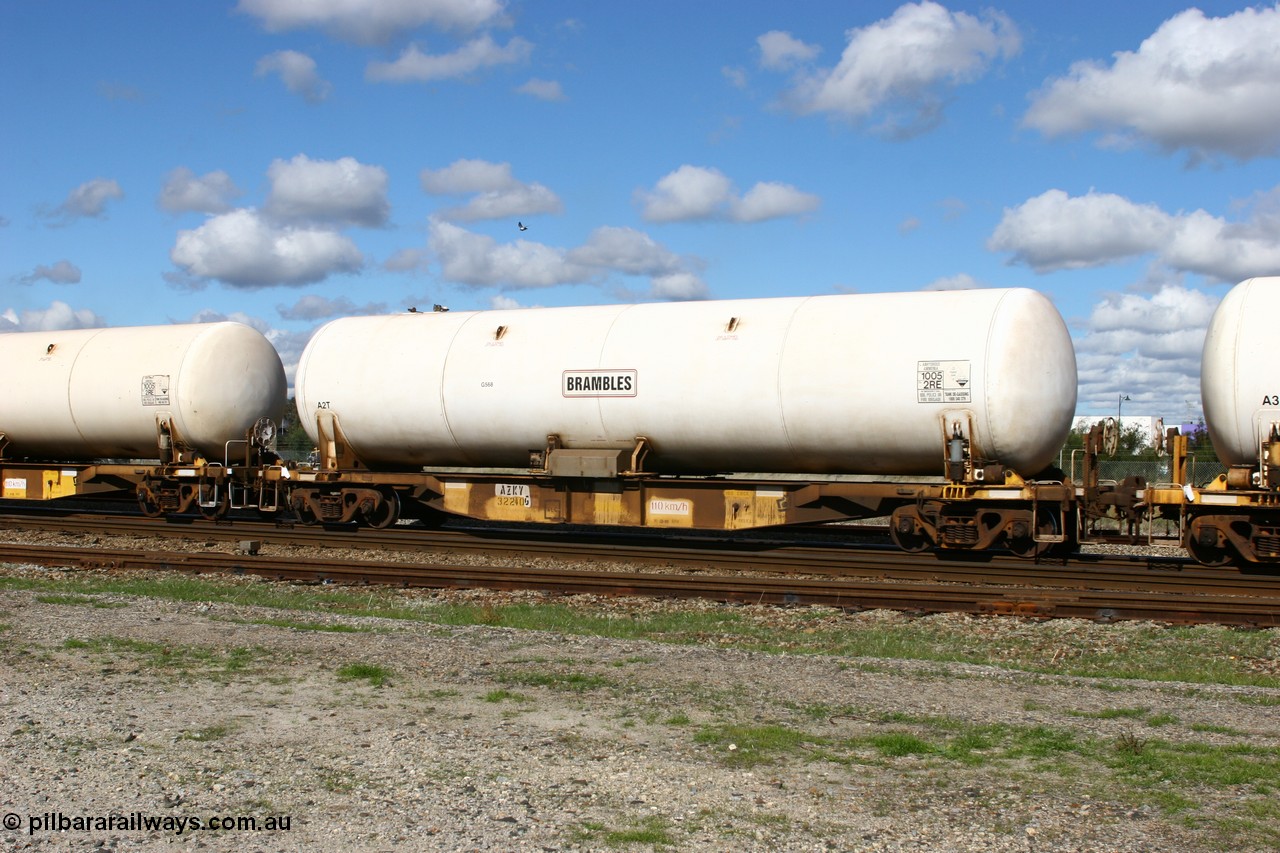 060602 5167
Midland, AZKY type anhydrous ammonia tank waggon AZKY 32240, one of twelve built by Goninan WA in 1998 as type WQK for Murrin Murrin traffic, fitted with Brambles anhydrous ammonia tank A2T.
Keywords: AZKY-type;AZKY32240;Goninan-WA;WQK-type;
