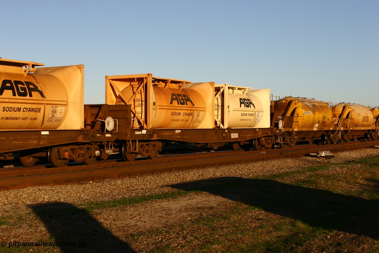 060603 5241
Midland, WQDY 30777 one of about sixteen WBAX vans converted for sodium cyanide container traffic, originally built by WAGR Midland Workshops as one of seventy five WV/X type covered vans in 1967-68, converted 1988 to WQDF, then WQDY, with two AGR empty sodium cyanide tanktainers SD 654 and SD 634.
Keywords: WQDY-type;WQDY30777;WAGR-Midland-WS;WV-type;WVX-type;WBAX-type;WQDF-type;
