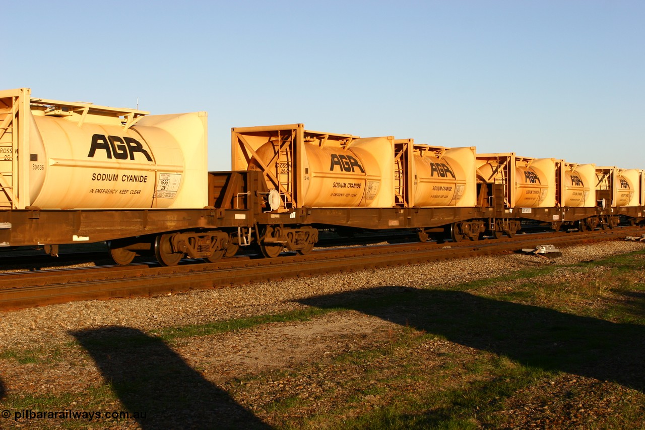 060603 5245
Midland, WQDY 30728 one of about sixteen WBAX vans converted for sodium cyanide container traffic, originally built by WAGR Midland Workshops as one of seventy five WV/X type covered vans in 1967-68, converted 1988 to WQDF, then WQDY, with two AGR empty sodium cyanide tanktainers SD 643 and SD 639.
Keywords: WQDY-type;WQDY30728;WAGR-Midland-WS;VWV-type;WVX-type;WBAX-type;WQDF-type;