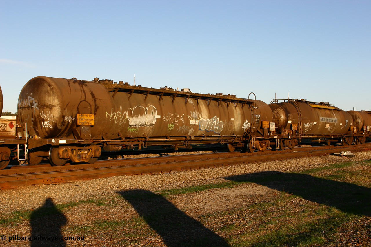 060603 5264 ATKY541U
Midland, ATKY 541 fuel tank waggon originally built for H C Sleigh (Golden Fleece) in 1975 by Tulloch Ltd NSW as WJK type. Capacity now of 73000 litres in service with Caltex.
Keywords: ATKY-type;ATKY541;Tulloch-Ltd-NSW;WJK-type;