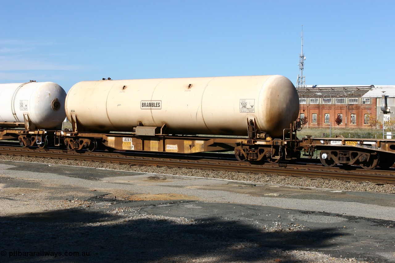 060603 5418
Midland, AZKY type anhydrous ammonia tank waggon AZKY 32237, one of twelve built by Goninan WA in 1998 as class WQK for Murrin Murrin traffic, fitted with Brambles anhydrous ammonia tank A5A.
Keywords: AZKY-type;AZKY32237;Goninan-WA;WQK-type;