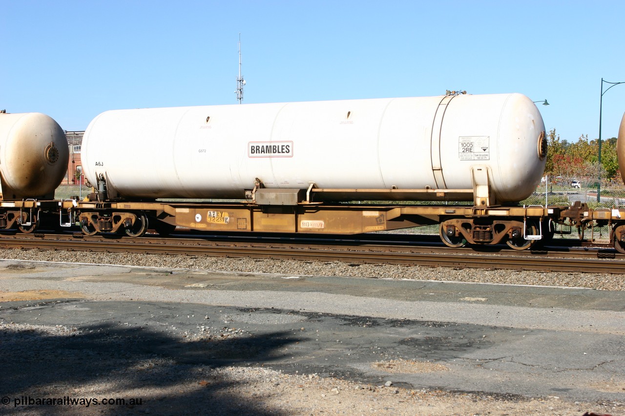 060603 5419
Midland, AZKY type anhydrous ammonia tank waggon AZKY 32239, one of twelve built by Goninan WA in 1998 as class WQK for Murrin Murrin traffic, fitted with Brambles anhydrous ammonia tank A6J.
Keywords: AZKY-type;AZKY32239;Goninan-WA;WQK-type;