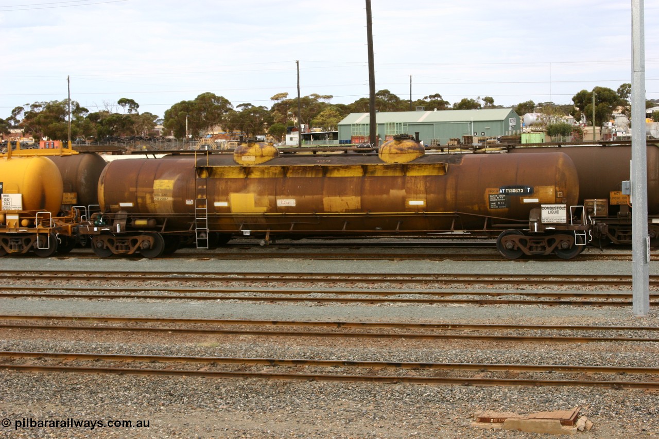 070526 9051
West Kalgoorlie, ATTY 30673 fuel tanker, one of five built by AE Goodwin NSW in 1970 as WST class, recoded to WSTY and then ATTY. 78600 litre capacity.
Keywords: ATTY-type;ATTY30673;AE-Goodwin;WST-type;WSTY-type;