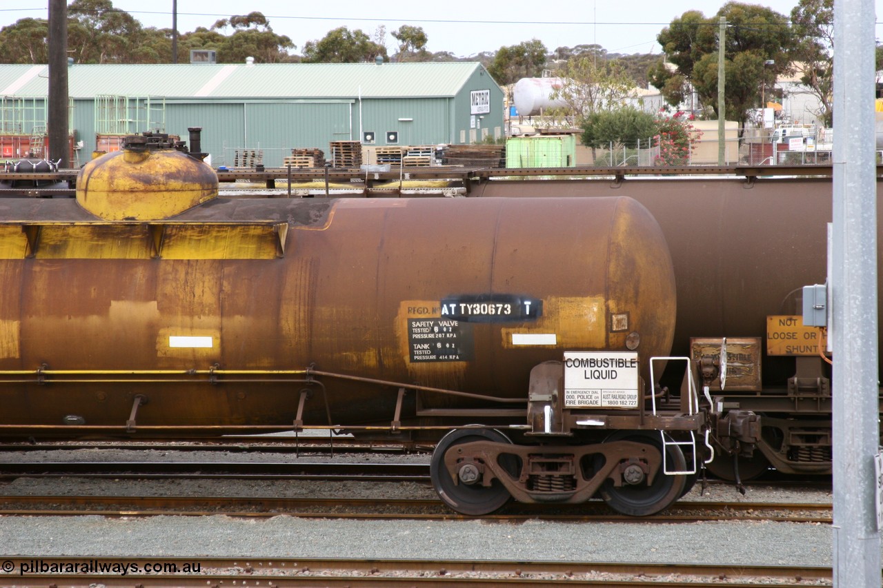 070526 9052
West Kalgoorlie, ATTY 30673 fuel tanker, one of five built by AE Goodwin NSW in 1970 as WST class, recoded to WSTY and then ATTY. 78600 litre capacity.
Keywords: ATTY-type;ATTY30673;AE-Goodwin;WST-type;WSTY-type;