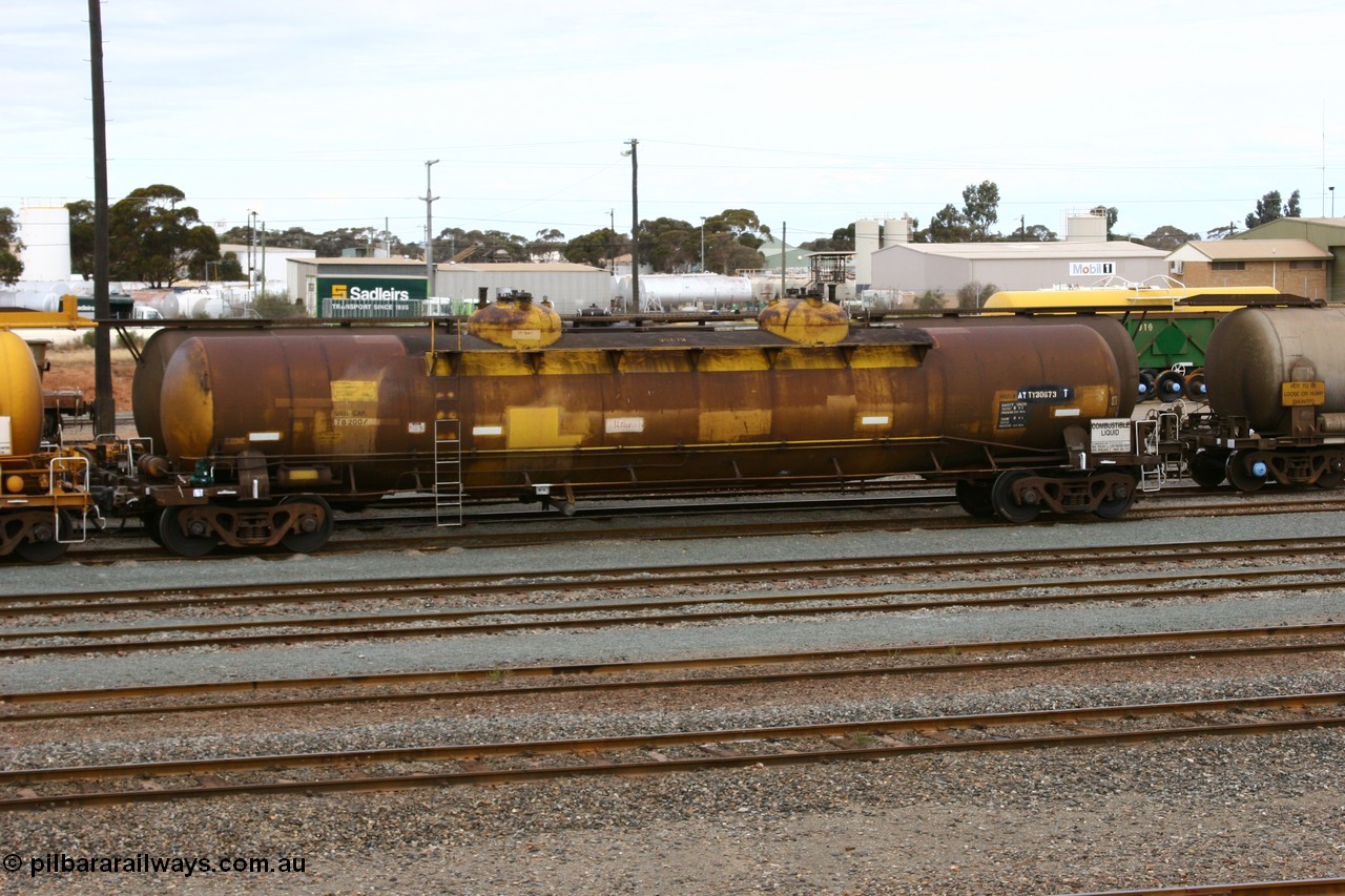070526 9055
West Kalgoorlie, ATTY 30673 fuel tanker, one of five built by AE Goodwin NSW in 1970 as WST class, recoded to WSTY and then ATTY. 78600 litre capacity.
Keywords: ATTY-type;ATTY30673;AE-Goodwin;WST-type;WSTY-type;