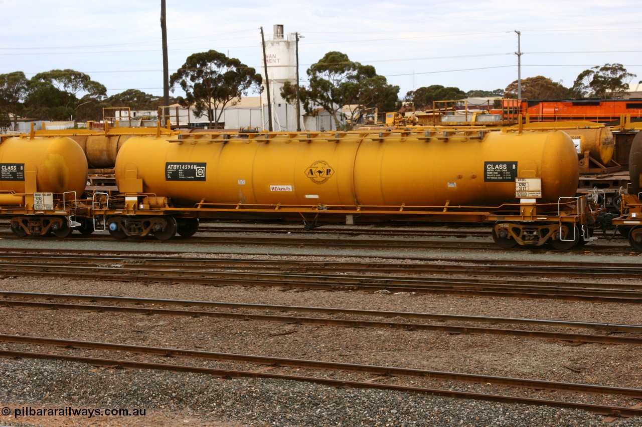 070526 9066
West Kalgoorlie, ATBY 14590 fuel tank waggon built by Westrail Midland Workshops in a batch of nine in 1981-82 for Bain Leasing Pty Ltd as type JPB, 82,000 litres for narrow gauge, recoded to JPBA in 1986, converted to standard gauge as WJPB.
Keywords: ATBY-type;ATBY14590;Westrail-Midland-WS;JPB-type;JPBA-type;WJPB-type;