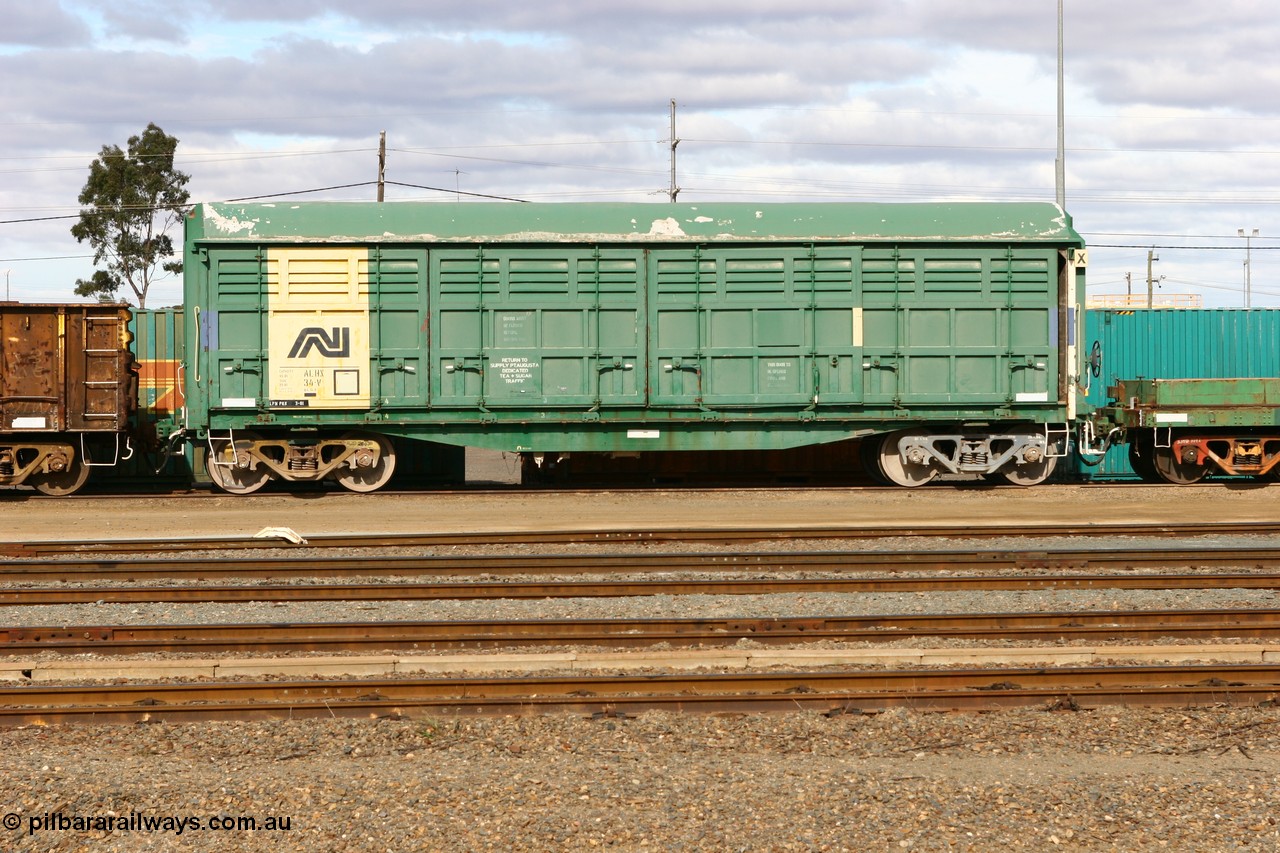 070527 9218
West Kalgoorlie, ALHX 34 louvre van waggon originally built by South Australian Railways Islington Workshops in 1973-74 as a batch of thirty five SLX type louvre vans, recoded to ALHX.
Keywords: ALHX-type;ALHX34;SAR-Islington-WS;SLX-type;