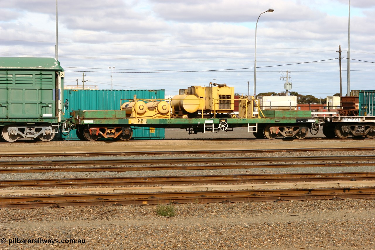 070527 9219
West Kalgoorlie, AZYF 933 is a CCE compressor waggon, originally built by Metropolitan Cammell Britain as GB class in 1952-55 for Commonwealth Railways, converted to RGB type waggon, then re-coded to AOEF, then AOEY then finally AZYF.
Keywords: AZYF-type;AZYF933;Metropolitan-Cammell-Britain;GB-type;RGB-type;AOEF-type;AOEY-type;